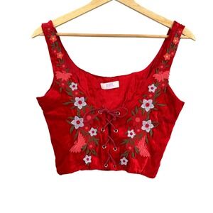 ERL Red Embroidered Lace Up Crop Top Floral Festival Boho Velvet Estimated XS